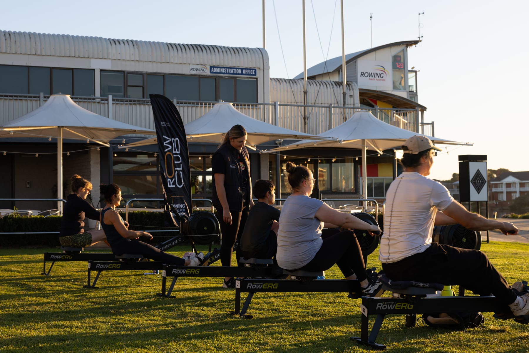 A Row Club crew training together on RowErgs